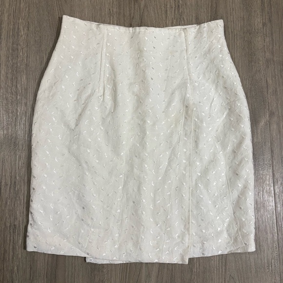 Vtg Cache White Linen Blend Embroidered Skirt Sz 12 Front Fold Slit Lined Preppy - Picture 1 of 9